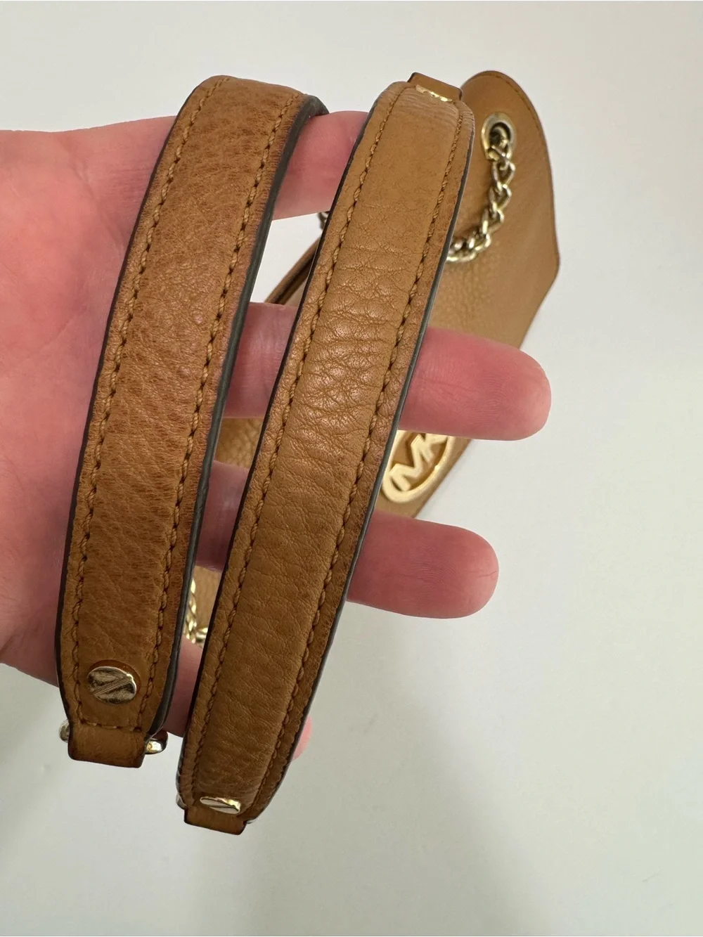 Michael Kors Fulton 38S3XFTF1L Tan Pebbled Leather Small Flap Chain Shoulder Bag